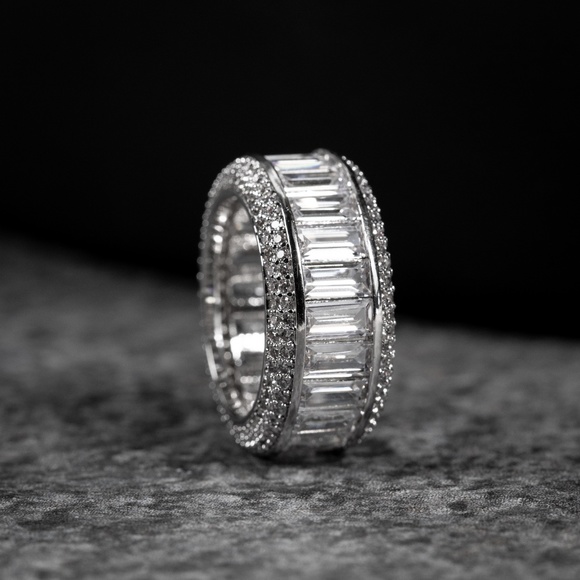 Men's ​White Gold Plated Fully Iced  Cz Hip Hop Baguette Pinky Statement Ring - Picture 1 of 4